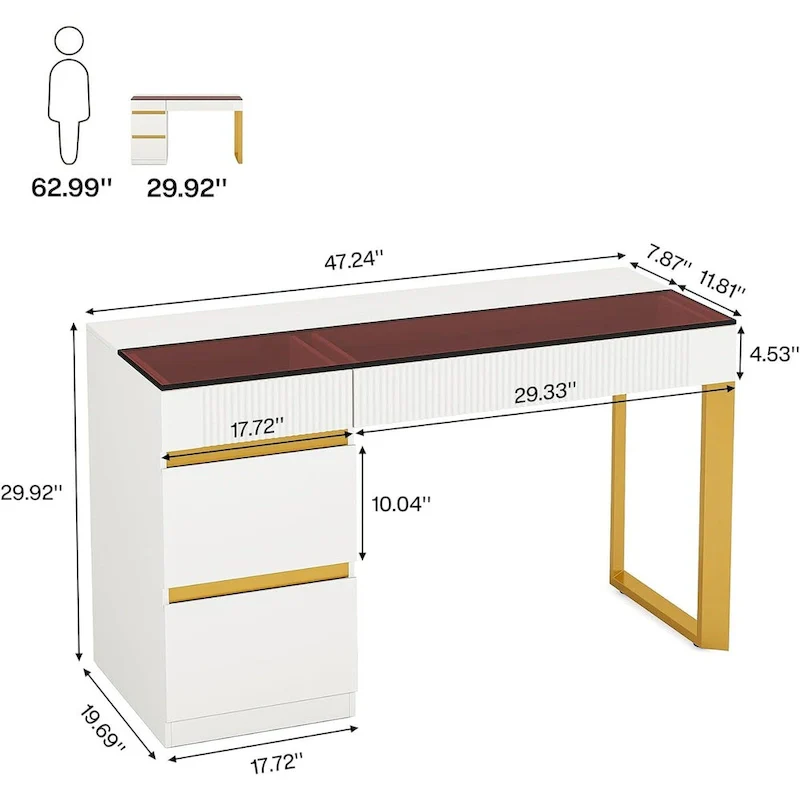 Desk - White & Gold - 4 Drawers with Glass Top