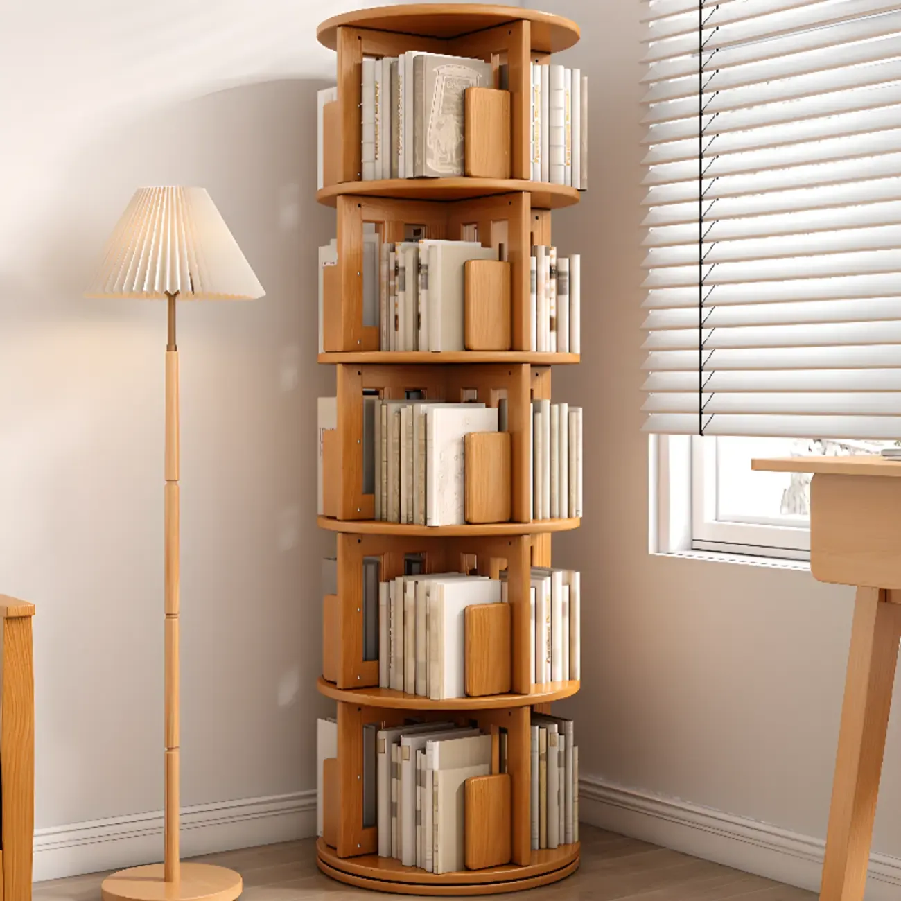 Medium Rotatable Nut-brown Wooden Vertical Bookcase
