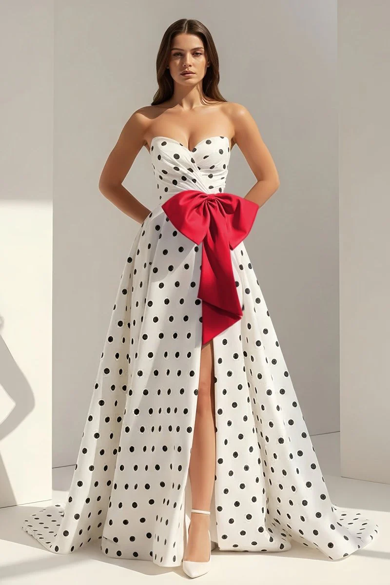 Fuchsia Strapless A Line Polka Dots Satin Long Prom Dresses With Bow