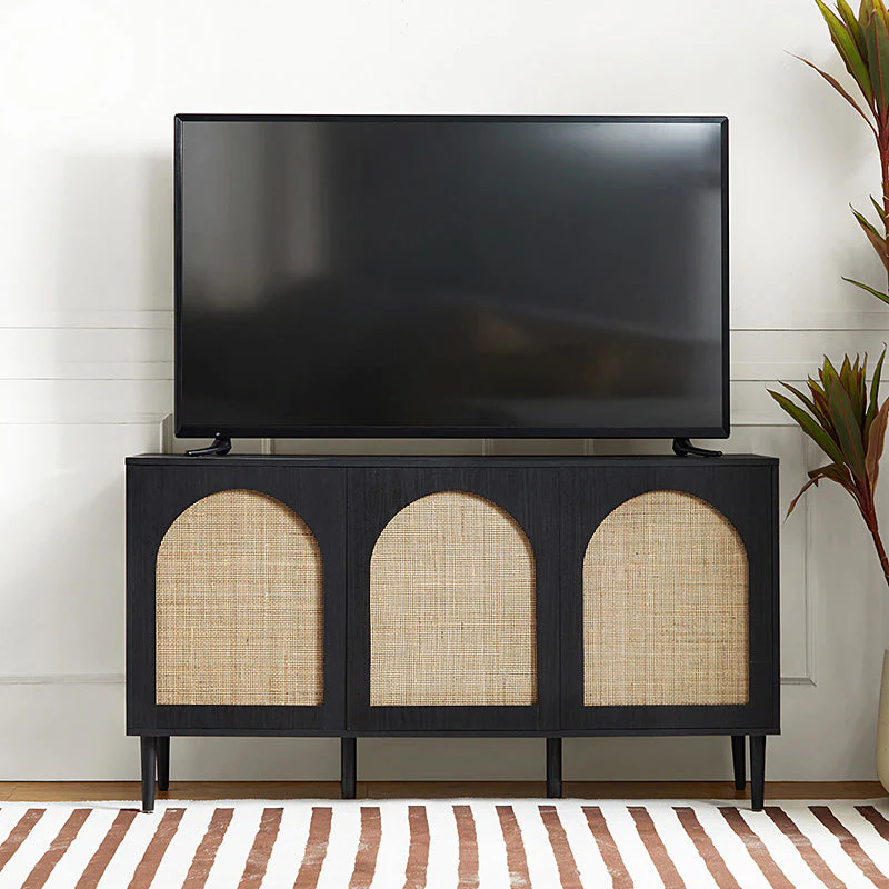 56 in 3-Door Rattan Sideboard with Adjustable Shelves & Solid Wood Legs | Black / Oak / Walnut / White | Single