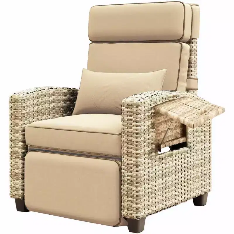 145 Adjustable Outdoor Recliner Lounge with Footrest, Removable Cushion & Side Table, All-Weather Wicker/Steel, Khaki.