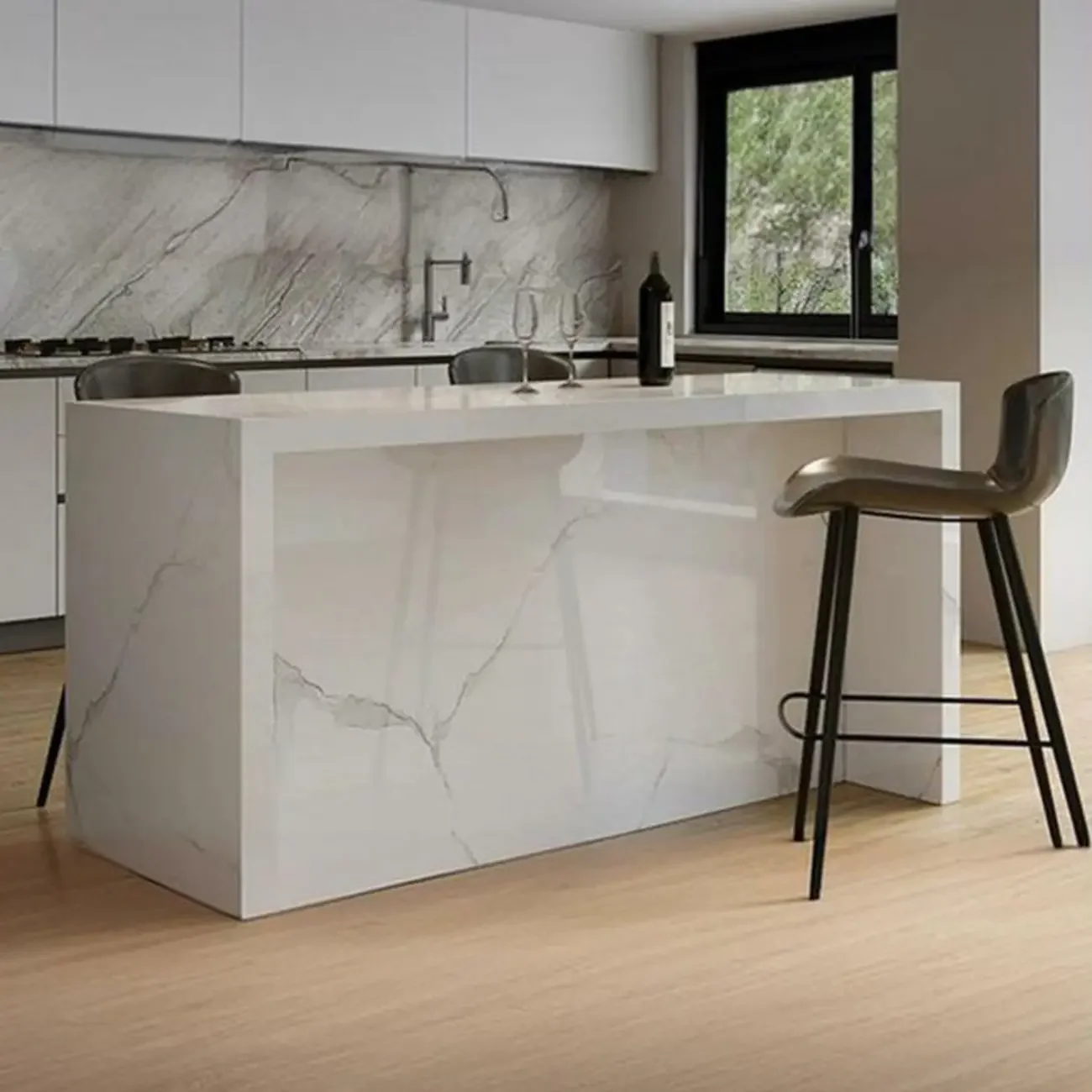 Modern Gloss White Stone Black Wood Sled Bar Tables