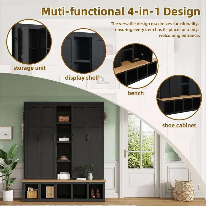 Farmhouse 4-in-1 Hall Tree with Open Display Shelves, Mudroom Shoe Bench with Open Compartments, Entryway Coat Rack with 6 Hooks
