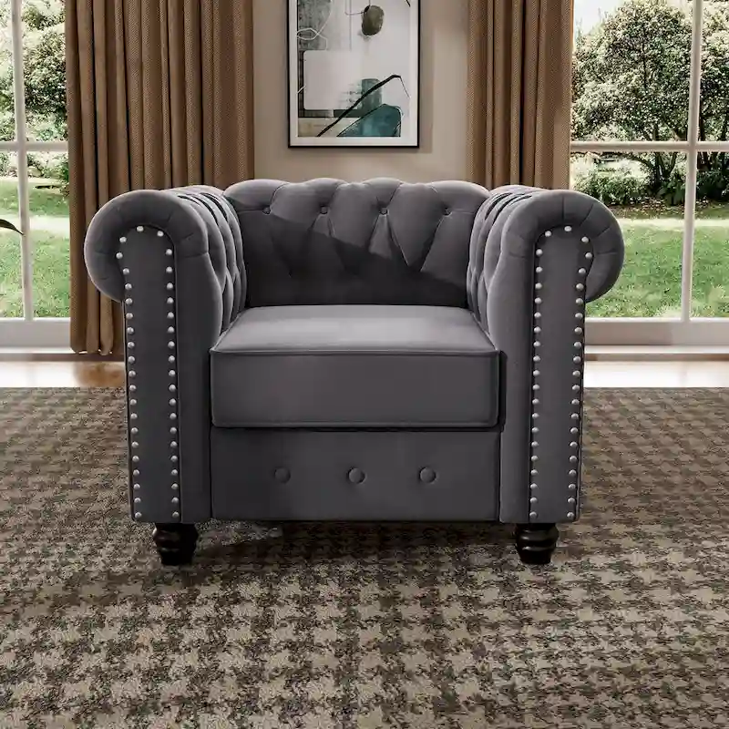 Beige/Blue/Grey Velvet Button-Tufted Chesterfield Armchair, Single Seat