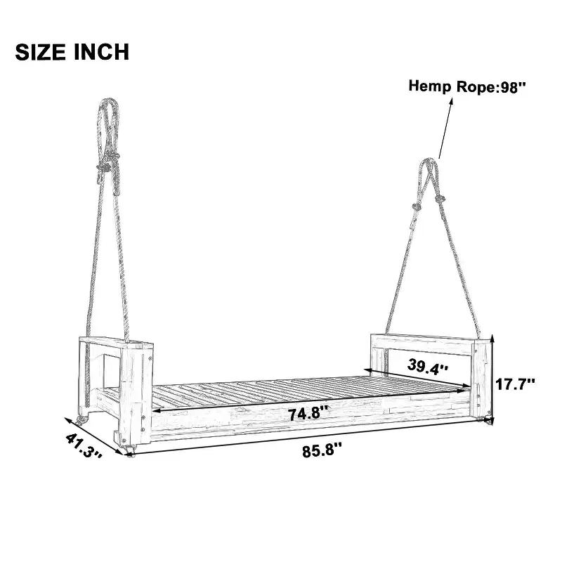 Twin Size Porch Swing Bed with Acacia Wood Frame and Hemp Ropes for Garden and Backyard