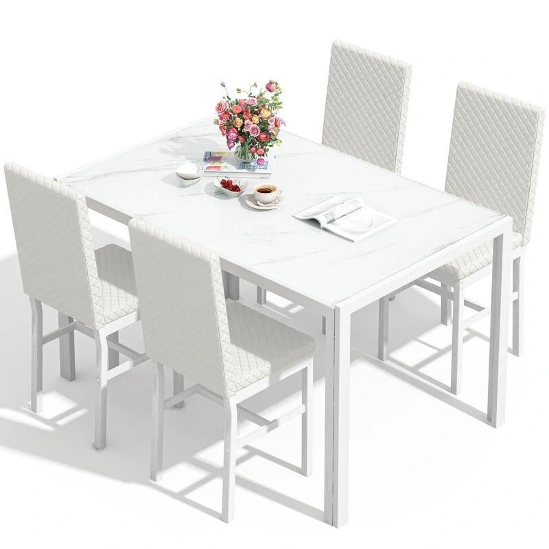 Grondin Modern Style 5-Piece Dining Room Table Set with Tempered Glass Tabletop and 4 Diamond Stitching PU Leather Dining Chairs