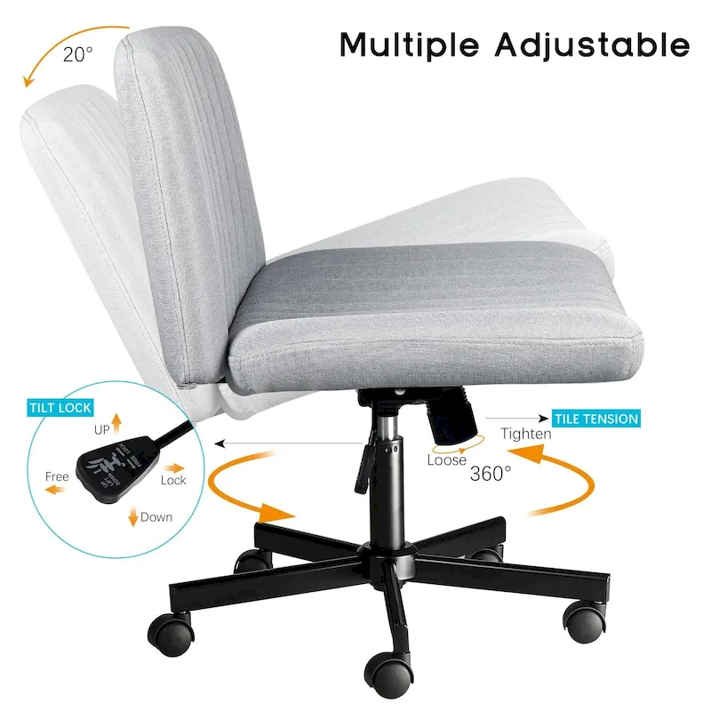 Bossin Criss Cross Chair Armless Office Desk Chair with Wheels,Fabric Padded Cross Legged Chair, Swivel Wide Seat Vanity Chair