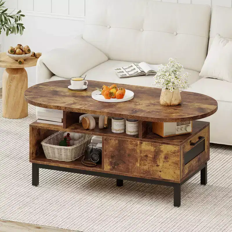 Costway 47 Oval Top Coffee Table with 4 Open Compartments & Drawer, 5 support legs Brown/Natural