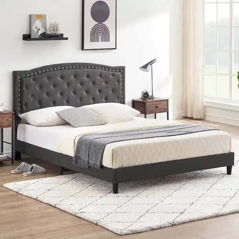 Grey/Black Wingback Tufted Upholstered Platform Bed Frame – Queen/Full, 2-Person
