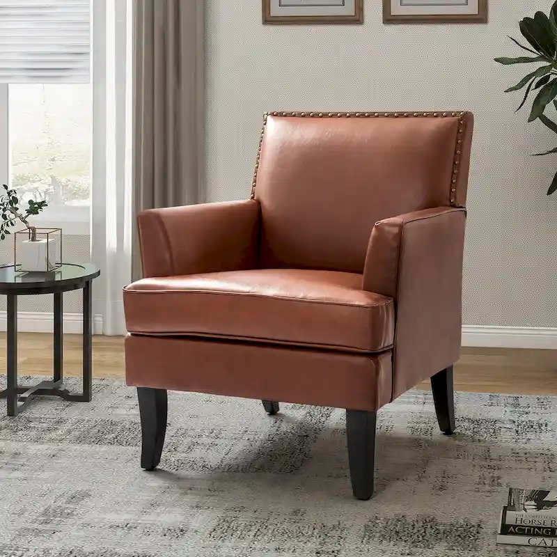 Contemporary Accent Chair, Polyester Fabric, Solid Wood Legs, Nailhead Trim, 250 lbs Capacity