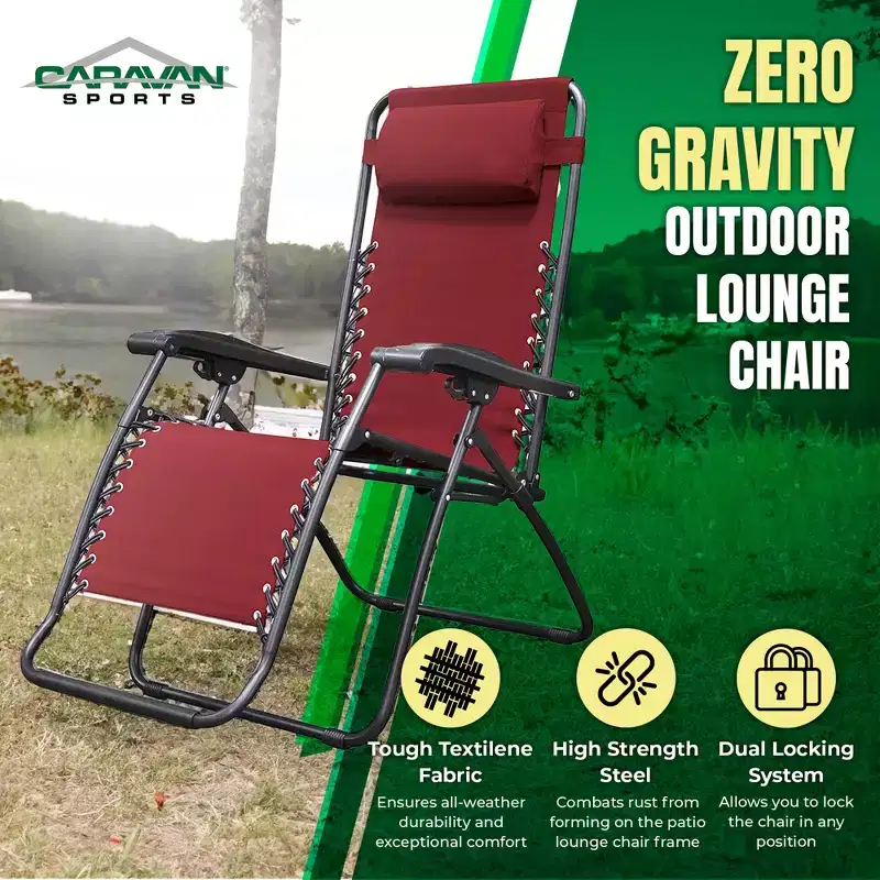 Caravan Sports Zero Gravity Outdoor Portable Folding Camping Lawn Deck Patio Pool Recliner Lounge Chair for Adults, Adjustable Headrest, Burgundy