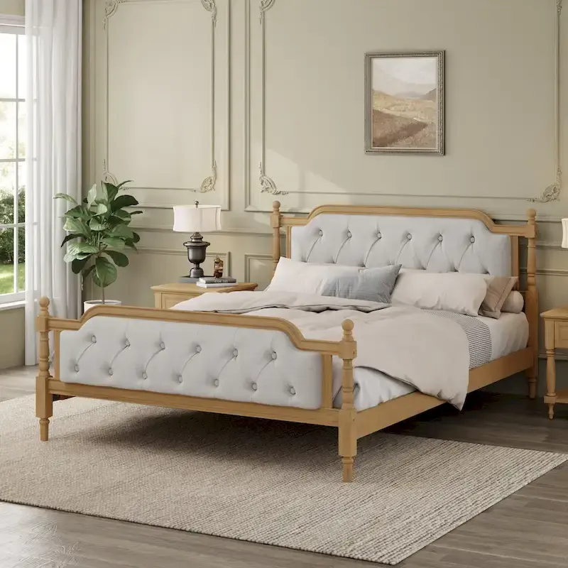 Antique White Queen Platform Bed with Tufted Headboard, Seats 2