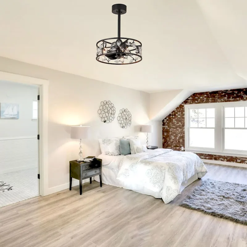 Cusp Barn 18in. Modern Crystal Caged Ceiling Fan With Light, Industrial Metal Shade Reversible 6-Speed Ceiling Fan With Remote