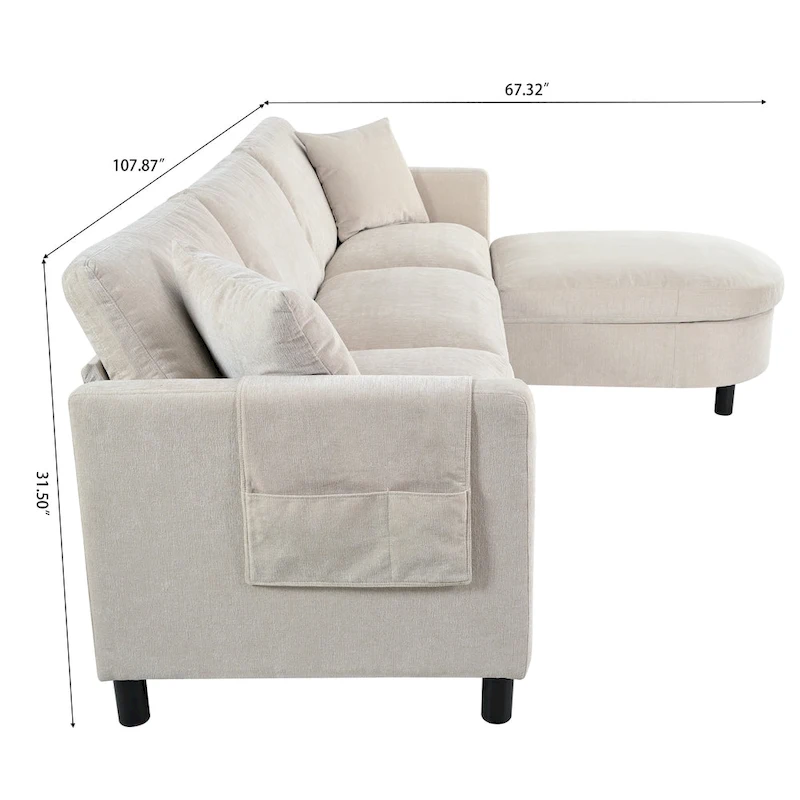 Beige 107.87 Spacious 4-Seater Sofa with Movable Ottoman