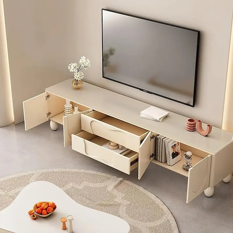 Off-White French Arch TV Console with Stone Top, 78