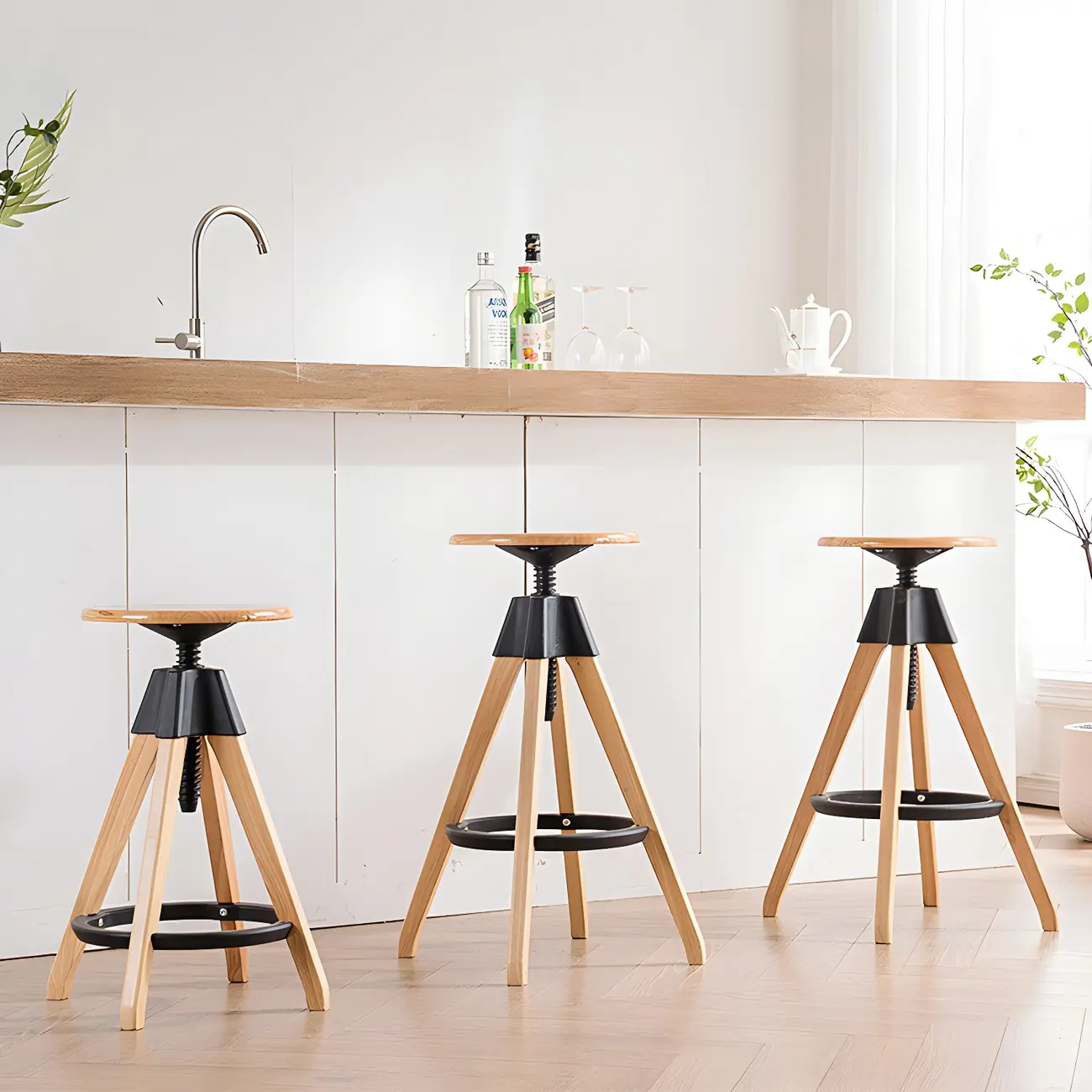 Adjustable Brown Wooden Swivel Backless Bar Stools