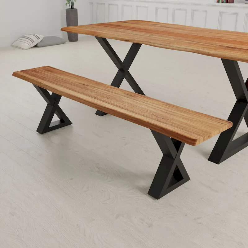 Solid Wood Bench with Metal X Legs