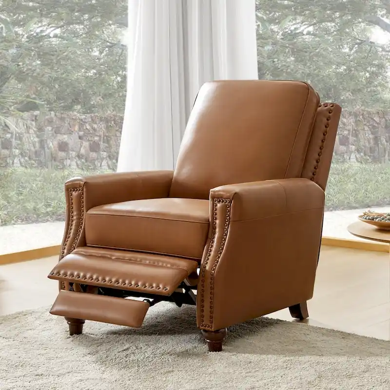 Cigar Mid-century Modern Genuine Leather Recliner with Nailhead Trim by HULALA HOME
