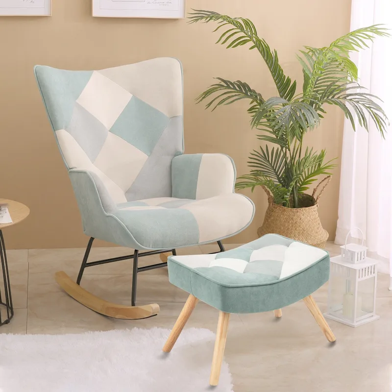 Blue Colorful Modern 35.4 High Back Upholstered Rocking Chair with Ottoman and Wood Legs for Living Room