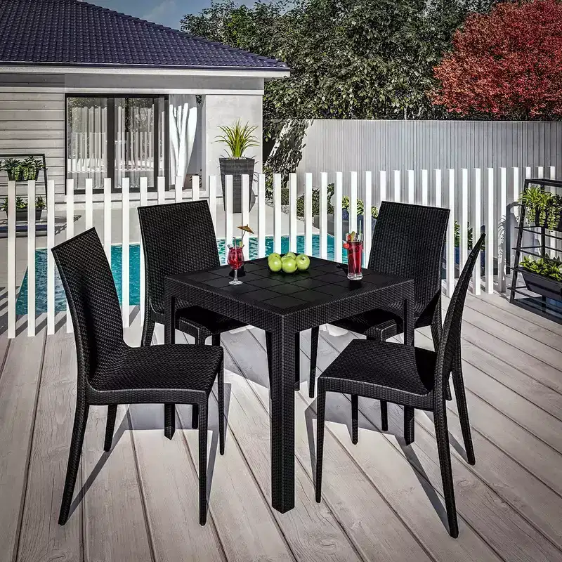 LeisureMod Mace 5-Piece Mid-Century Modern Outdoor Bistro Set - White Round Table with 4 Stackable Chairs
