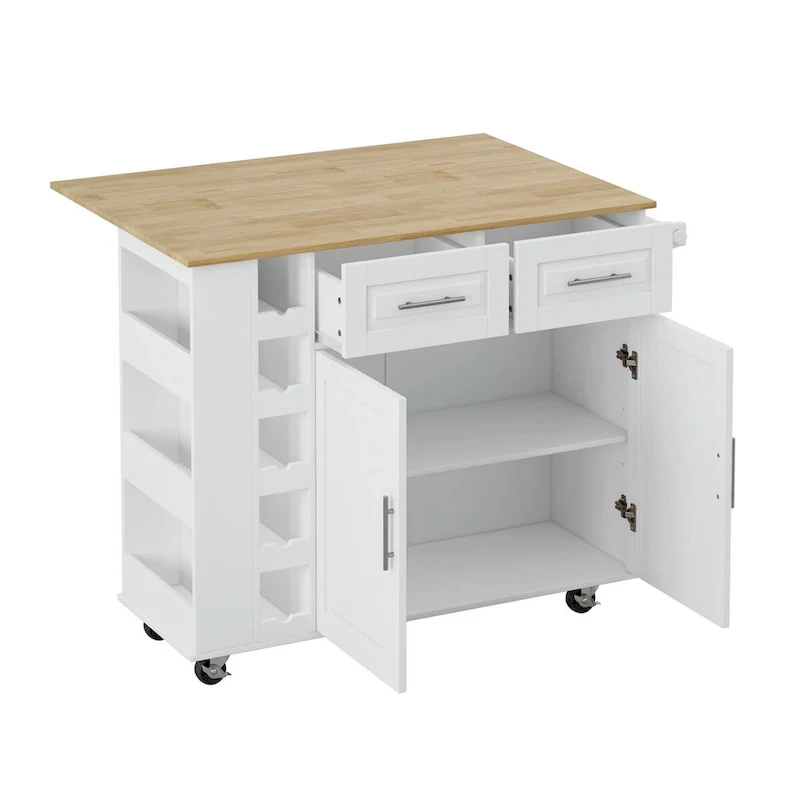 Multi-Functional Kitchen Island Cart with Spice Rack, Towel Holder, Wine Rack, and Foldable Rubberwood Table Top