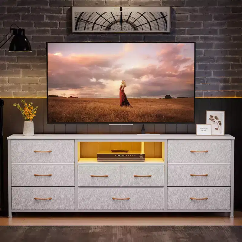 63 Inch White 9 Drawer Dresser for Bedroom LED TV Stand for 75 inch TV with Charging Station Power Outlets Fabric Storage Chest Media Console Table