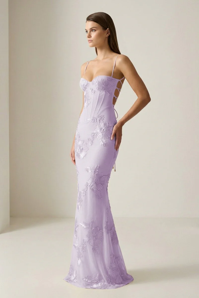 Yellow Spaghetti Straps Sheath Long Prom Dresses With Floral Embroidery