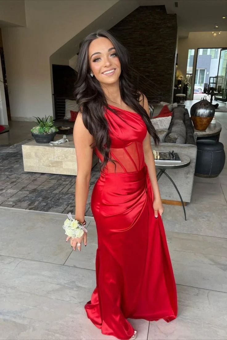 Sheath One Shoulder Pleated Satin Long Prom Dress