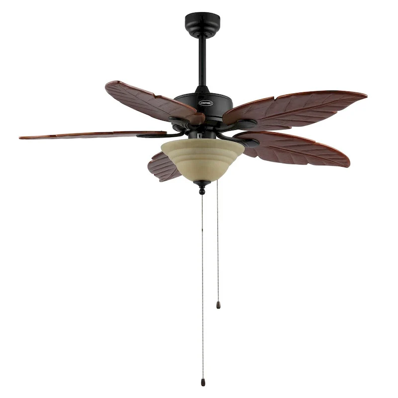 Owen 52  3-Light Coastal Bohemian Iron/Wood Palm Leaf LED Ceiling Fan with Pull Chain, by JONATHAN Y