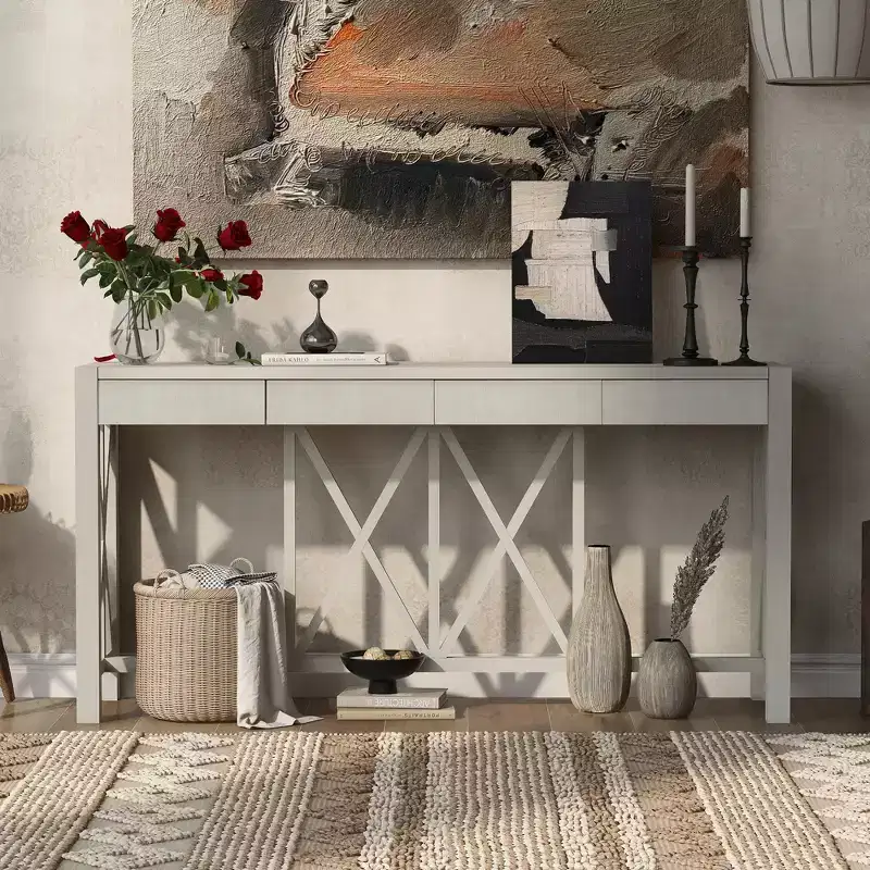 Vintage Console Table with Drawers, Farmhouse Entryway Table with Storage, Acacia Wood Sofa Table with Open Bottom Storage