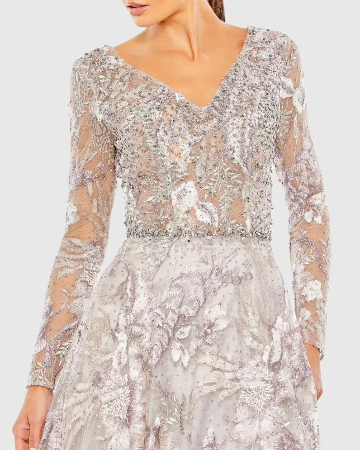 Multicolor Long Sleeve Beaded Applique Gown