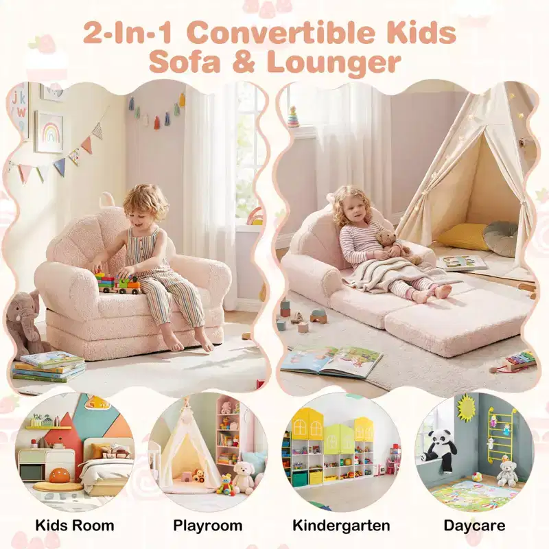 Costway Fold-out Kids Sofa 2-in-1 Convertible Toddler Couch & Lounger with Non-slip Base Beige/Green/Pink