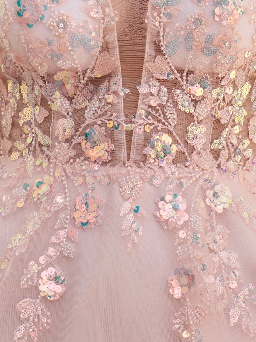 Pink - A Line V Neck Tulle Sequined Homecoming Dresses with Appliques