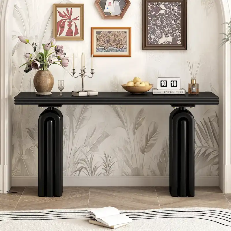 Black / Beige Modern Minimalist Acacia Veneer Console Table with Curved Silhouette