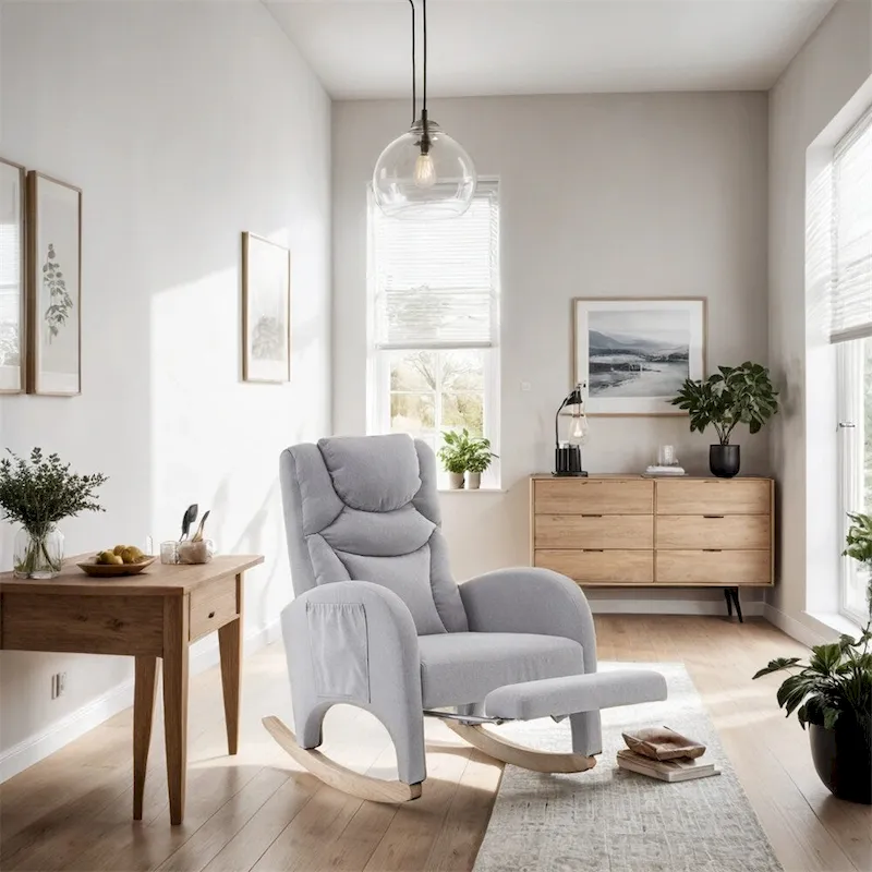 Ergonomic Fabric Nursery Rocking Chair With Adjustable Footrest