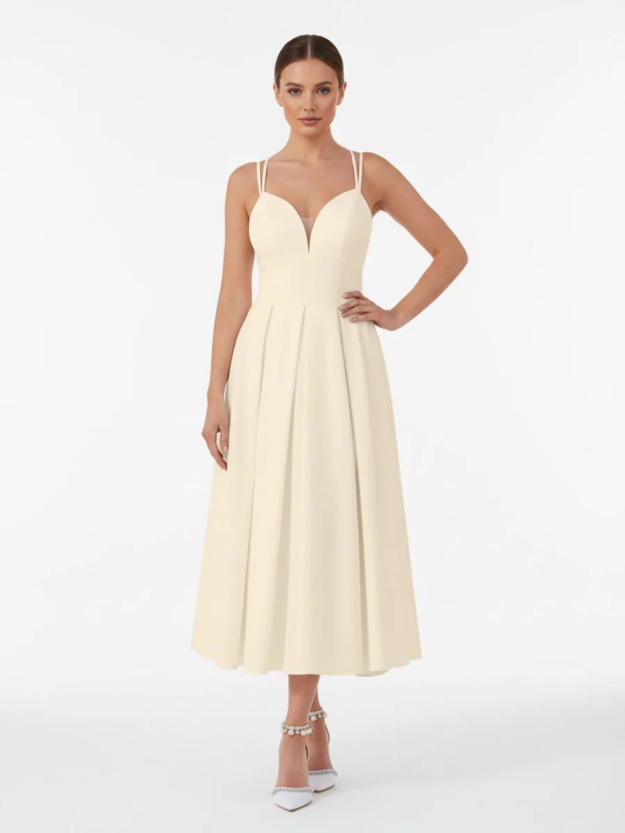 A-Line V-Neck Sleeveless Satin Knee-Length Wedding Dress