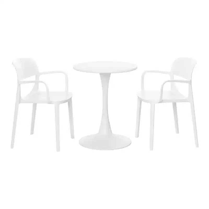 WestinTrends Playa 3-Piece Round Metal Bistro Dining Table Set And Stackable Resin Patio Dining Arm Chairs