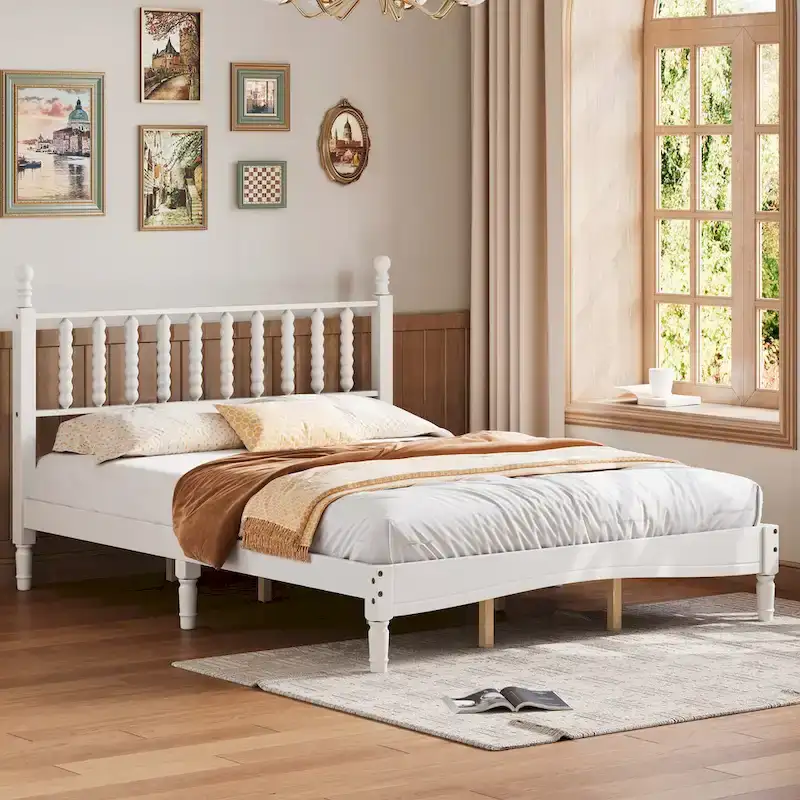 Queen Retro Platform Bed with Gourd-Shaped Headboard & Solid Wood Frame