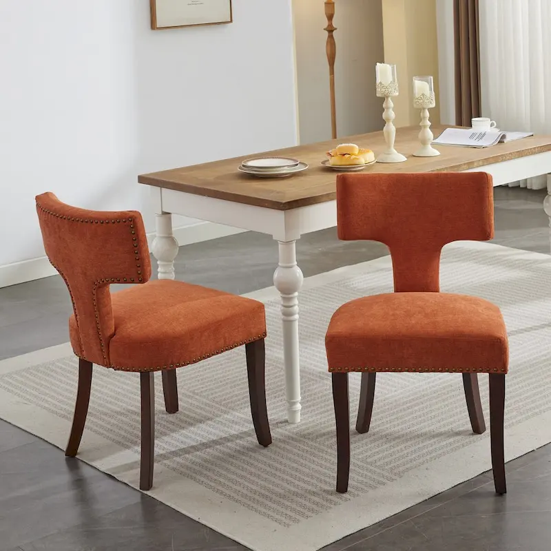 Modern Dining Chairs Set of 2, Farmhouse Linen Fabric Upholstered Accent Chair Curved Backrest with Copper Nails around