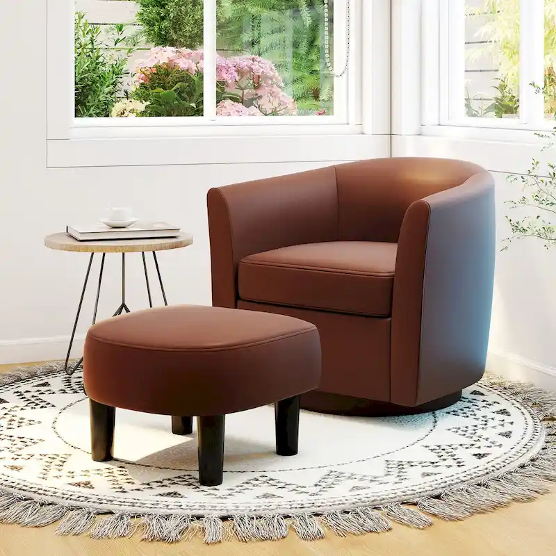 Costway Swivel Barrel Chair with Ottoman Footrest Curved Backrest & - See Details