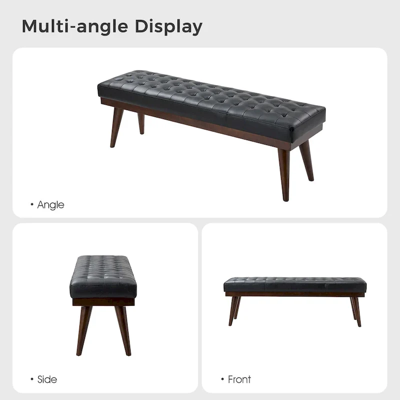 Genuine Leather Tufted Bench with Solid Wood Base