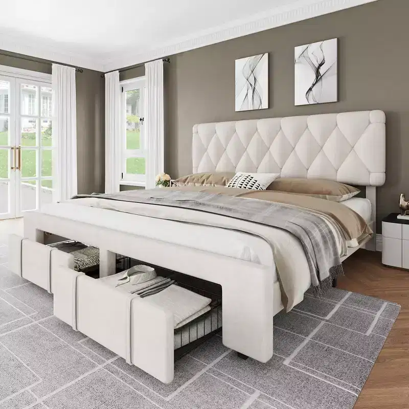 Bed Frame, Upholstered Platform Bed Frame with Storage Drawers, Mattress Foundation with Solid Wooden Slats Support, No Box Spring Needed