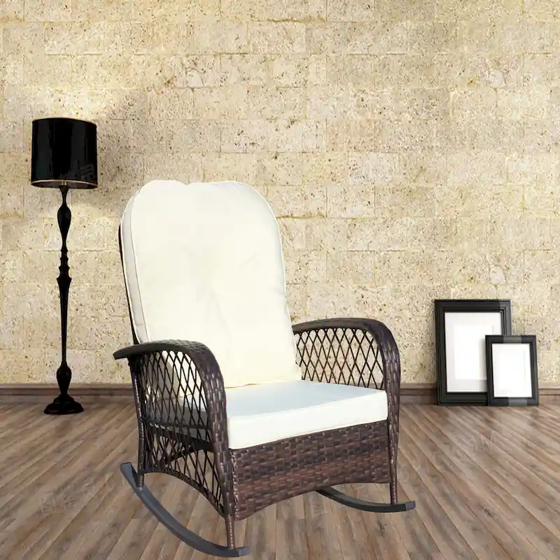 Outdoor Wicker Rocking Chair with Wide Seat, All- Weather Rattan Armchair for Poolside, Garden, Porch, Backyard