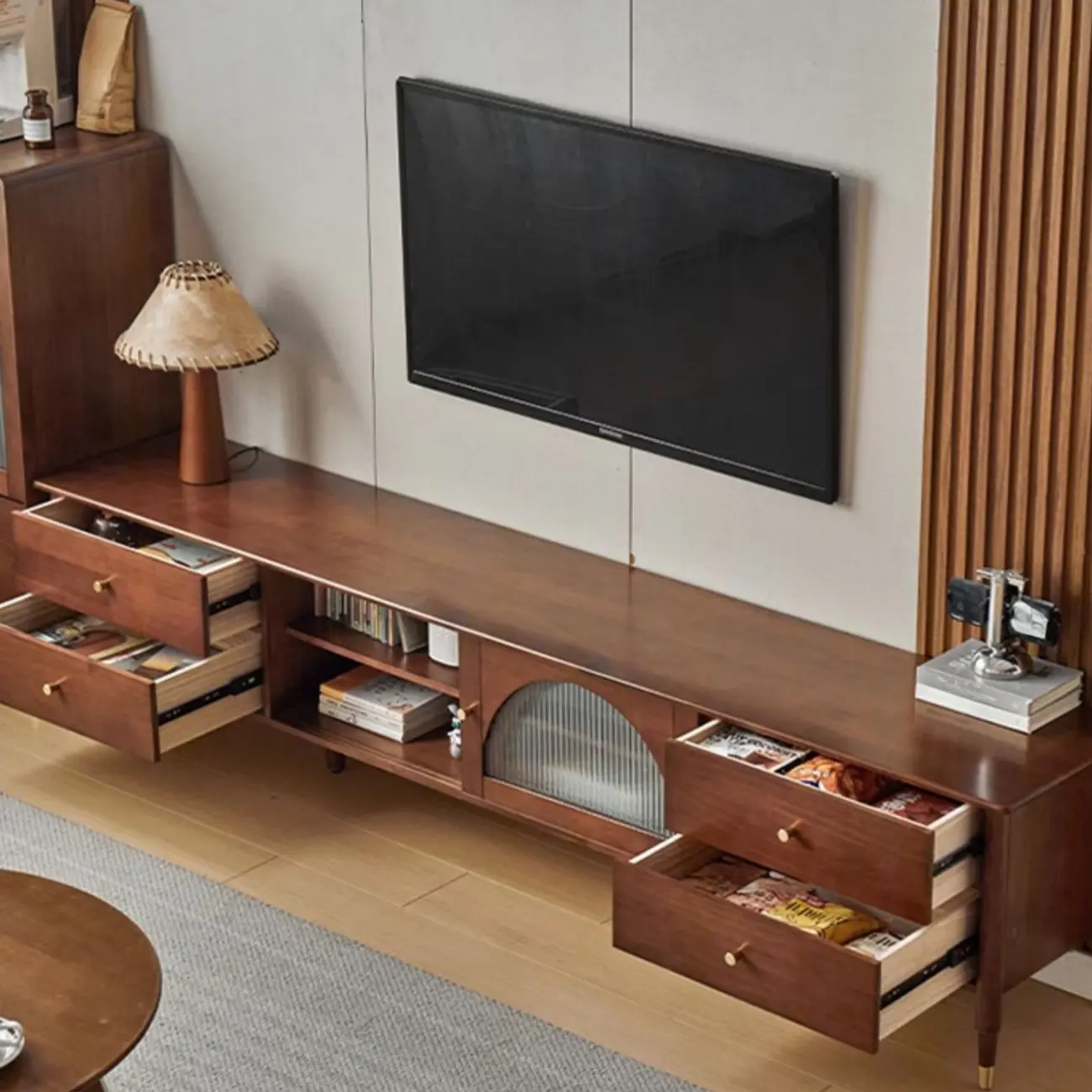 Long Brown 2-Drawer Pine Modern TV Stand with Cabinet