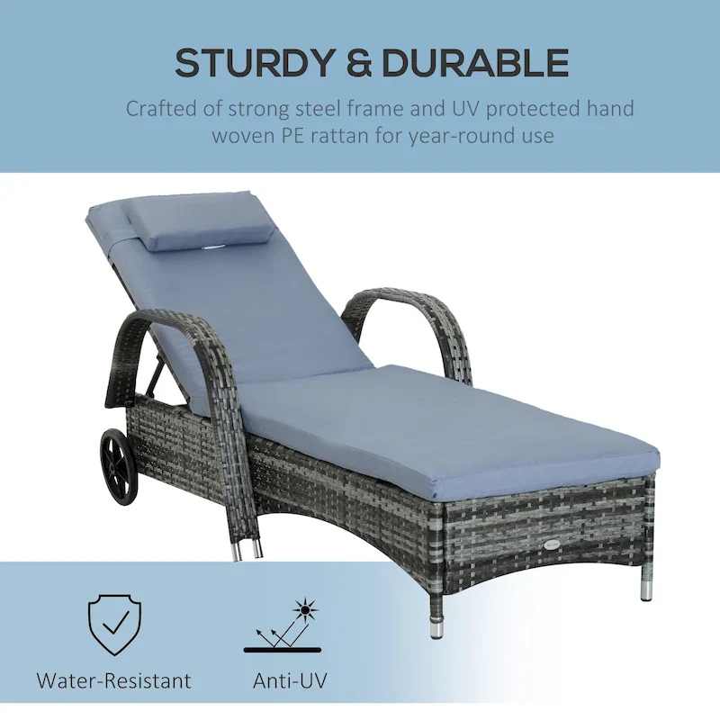 Outsunny Wicker Outdoor Chaise Lounge, 5-Level Adjustable Backrest Pe Rattan Pool Lounge Chair With Wheels, Cushion & Headrest