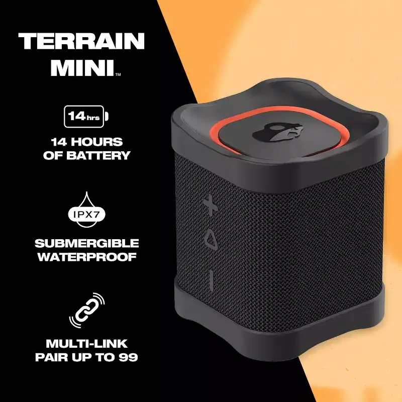 Skullcandy Terrain Mini Wireless Speaker, IPX7 Waterproof Portable, 14 Hour Battery, Nylon Wrist Wrap & True Stereo, Black