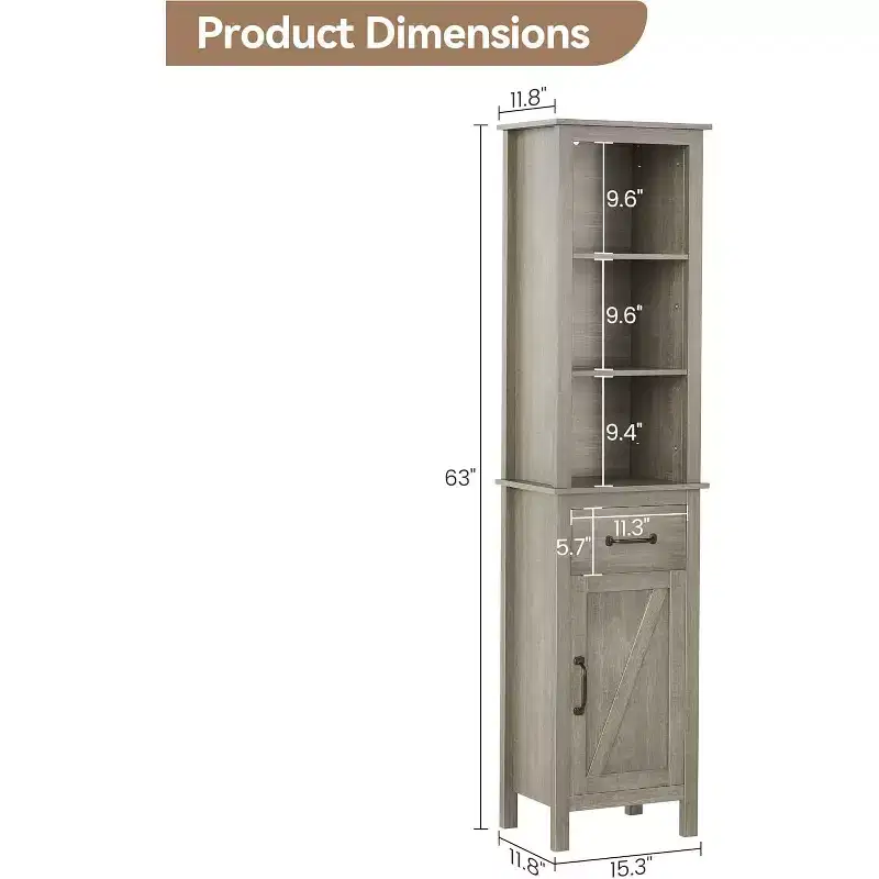 Narrow Storage Cabinet, Tall Bathroom Cabinet with Door and Drawer,Farmhouse Storage Cabinets for Bathrooms,Grey