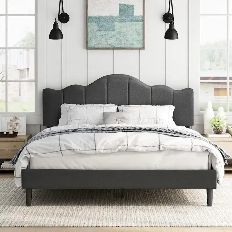 Javlergo Upholstered Platform Bed Frame with Adjustable Headboard, Wood Slat Support and Noise-Free, No Box Spring Needed