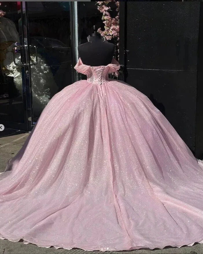 Glitter Off The Shoulder Pink Ball Gown Quinceanera Dresses