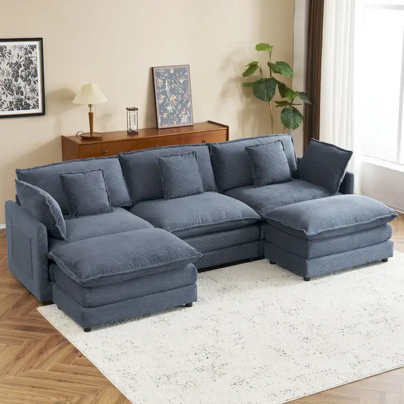 Modular Sofa Couch, Upholstered Corduroy L-Shape Sectional Sofa with Side Storage Pockets and Movable Ottoman